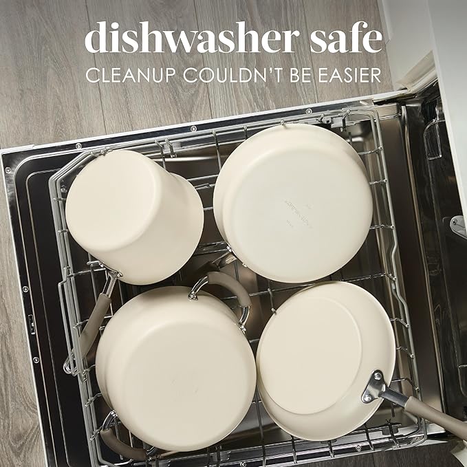 Rachael Ray Cucina Ceramic Nonstick Saute Pan with Lid, 3 Quart Non Stick Sauteuse Pan, Dishwasher Safe - Almond