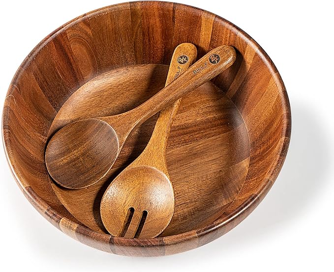 BILL.F Wooden Serving Bowl,12" Acacia Wood Large Salad Bowl Set with Salad Spoon and Fork for Fruits, Salads, Pasta