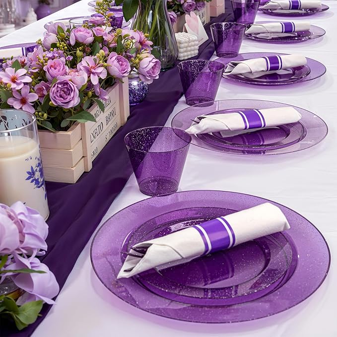 DaYammi 350 Pieces Purple Glitter Dinnerware Set 50 Guest for Party- 50 Dinner Plates, 50 Dessert Plates -50 Per Rolled Napkins with Purple Cutlery - 50 Disposable Cups 9 OZ