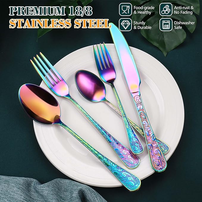 Rainbow Silverware Set, 30 Pieces Vintage Carved Flatware Set for 6, Stainless Steel Cutlery Set with Knife/Fork/Spoon,Utensil Set for Home and Kitchen, Dishwasher Safe