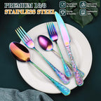 Rainbow Silverware Set, 30 Pieces Vintage Carved Flatware Set for 6, Stainless Steel Cutlery Set with Knife/Fork/Spoon,Utensil Set for Home and Kitchen, Dishwasher Safe