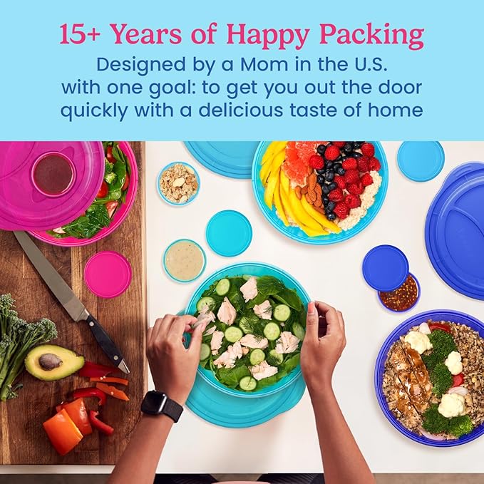 Bentgo Easyboxes Salad-to-Go Containers - 8-Piece Set: 4 Bowls, Leak-Proof Dressing Cups Built-In & 4 Fitted Lids Seal in Freshness; Reusable/BPA-Free for Salad, Pasta, & Cereal (Jewel Brights)