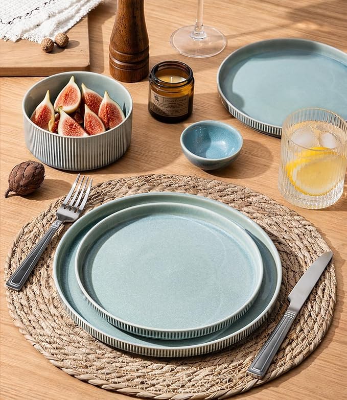 GBHOME 12-Piece Stoneware Dinnerware Set for 4 – Ribbed Ceramic Plates and Bowls, Scratch-Resistant, Microwave & Dishwasher Safe, Reactive Glaze, Malachite Green