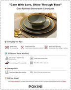 Pokini Porcelain Luxury Dinnerware Sets, Modern Plates and Bowls Sets for 4, Highly Chip and Crack Resistant, Grey and Gold Rim China Dishes Set for Wedding Anniversary