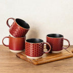 GBhome 12 OZ Stackable Coffee Mugs Set of 4, Ceramic Coffee Cups with Texture Patterns for Man,Woman,Dad,Mom, Modern Mugs Set for Latte/Cappuccino/Cocoa. Dishwasher&Microwave Safe, Red