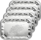 4 Pcs Large Silver Serving Trays, 15.7" x 11.8" Stainless Steel Rectangle Serving Tray, Decorative Silver Plates, Floral Engraved Tray, Metal Sizzler Plates for Coffee Table, Bar, Party, Club, Home