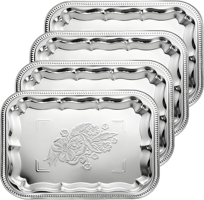 4 Pcs Large Silver Serving Trays, 15.7" x 11.8" Stainless Steel Rectangle Serving Tray, Decorative Silver Plates, Floral Engraved Tray, Metal Sizzler Plates for Coffee Table, Bar, Party, Club, Home