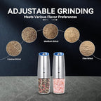 Rechargeable Electric Salt and Pepper Grinder set of 2, gravity electric salt and pepper grinder set, Adjustable Roughness, LED Light, 2 Pack, (Silver)