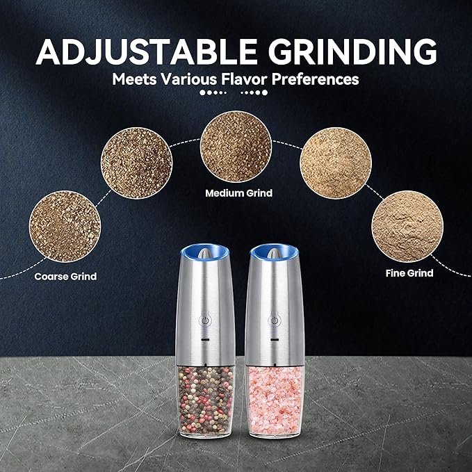 Rechargeable Electric Salt and Pepper Grinder set of 2, gravity electric salt and pepper grinder set, Adjustable Roughness, LED Light, 2 Pack, (Silver)