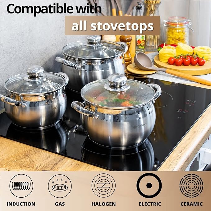 Daniks Classic 6.5 Quart Stainless Steel Stock Pot with Glass Lid, Tri-Ply Bottom for Even Heating, Induction Compatible, Dishwasher Safe