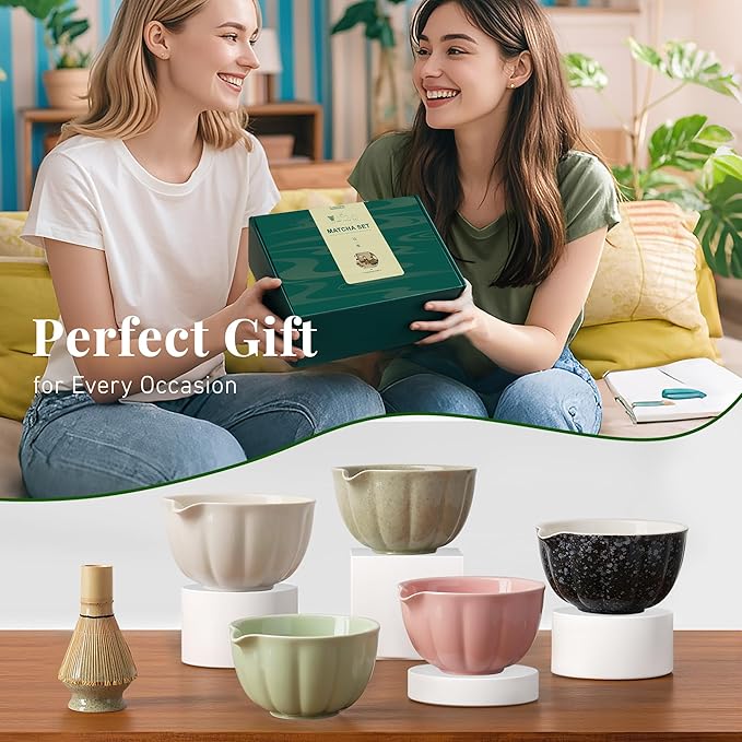 Matcha Whisk Set,7 PCS Ceramic Matcha Kit Includes Matcha Bowl with Spout, Matcha Whisk and Holder, Bamboo Scoop, Stainless Sifter, Tea Towel, Unique Gift for Matcha Lovers (Pink)