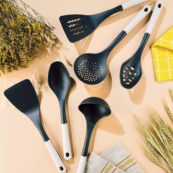 Meyer Everyday Nylon Tools/Cooking Utensils Set for Non Stick Cookware, 6 Piece: Slotted Turner, Solid Turner, Skimmer, Ladle, Slotted Spoon and Solid Spoon, Heat Resistant, Black with Gray Handles