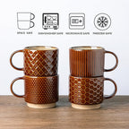 GBhome 15OZ Stackable Coffee Mugs, Ceramic Coffee Cups with Texture Patterns for Man,Woman,Dad,Mom, Modern Mugs Set of 4 for Latte/Cappuccino/Cocoa. Dishwasher&Microwave Safe, Caramel