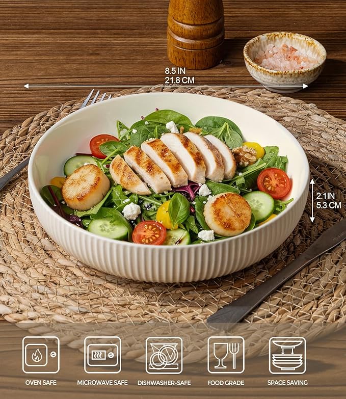 theterra 8.5'' Ceramic Pasta Bowls, Salad Bowls Set of 4, Stoneware Serving Bowls for Fruits, Noodle, Dinner, House-warming Wedding Present, Beige
