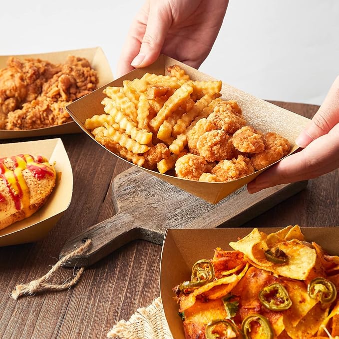 ZORRITA 3 Lb Paper Food Trays - 100 Pack Disposable Nacho Trays, Kraft Paper Food Boats Taco Holders Party Serving Baskets for Hot Dogs Snacks Tacos Fries