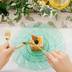 YOUBET 125PCS Clear Green Plastic Plates with Gold Rim - Green and Gold Plastic Plates Include 25 Dinner Plate 25 Dessert Plate 75 Disposable Silverwares for Wedding & Party