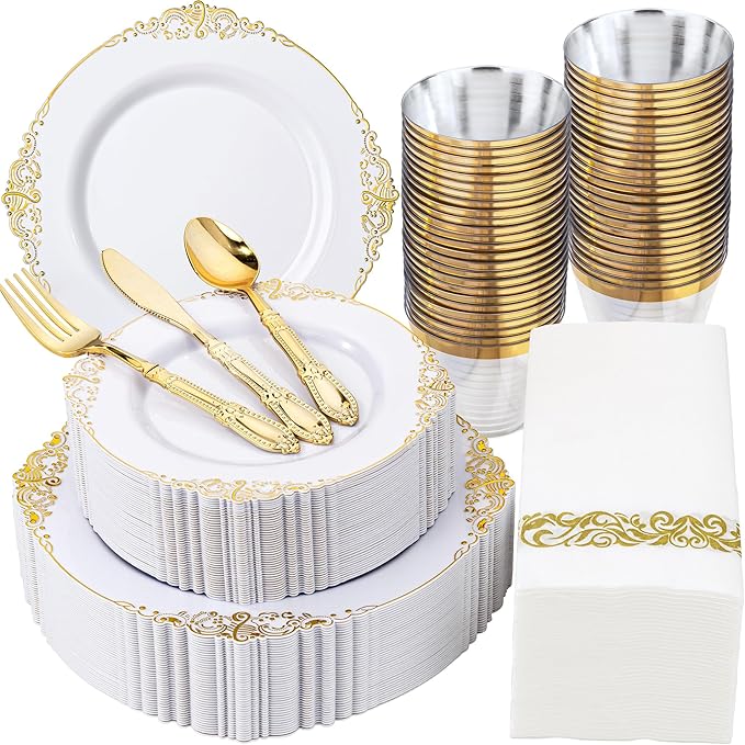 Morejoy 350PCS White and Gold Plastic Plates - Gold Plastic Dinnerware Set Include 50Dinner Plates, 50Dessert Plates 150Cutlery, 50Cups, 50Napkin Perfect for Party & Wedding