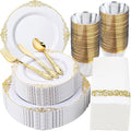 Morejoy 350PCS White and Gold Plastic Plates - Gold Plastic Dinnerware Set Include 50Dinner Plates, 50Dessert Plates 150Cutlery, 50Cups, 50Napkin Perfect for Party & Wedding