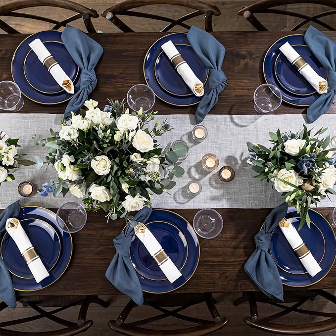 KIRE 350Pcs Blue and Gold Plates -Heavy Duty Navy Blue Dinnerware Set - 100 Plastic Plates 50 Pre Rolled Napkins with Gold Plastic Silverware 50 Cups for Birthday/Wedding/Parties/Passover/Graduation