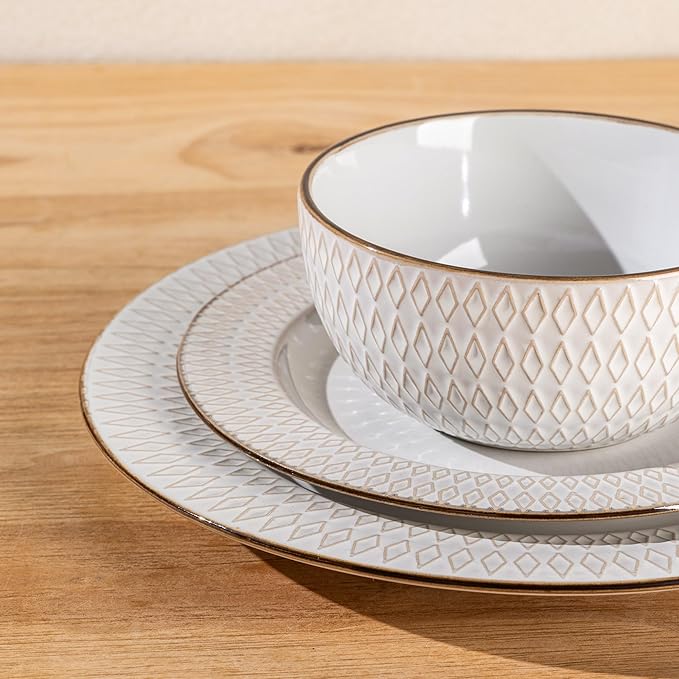 GBHOME Ceramic Dinnerware Sets,12 pcs Embossed Elegant Stoneware Plates and Bowls Sets, Housewarming Wedding Gift | Dishwasher & Microwave Safe | Dishes Set Service for 6