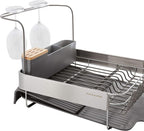 KitchenAid Compact to Full Size Expandable, Rust Resistant Satin Coated Dish Rack with Angled Self Draining Drain Board and Removable Flatware Caddy, 24-Inch, Charcoal