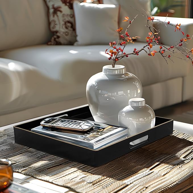MAONAME Decorative Tray, Black Serving Tray with Handles, Coffee Table Trays, Square Plastic Trays for Ottoman, Bathroom, Kitchen, 13" x 13" x 1.57"