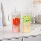 32oz Ribbed Glass Cup with Handle Lid and Straw，Borosilicate Glass Tumblers, Iced Coffee Cups Modern Glass Mug Hot/Cold Drinks for Smoothies, Tea, and Juice (clear-2Pack-glass Lid)