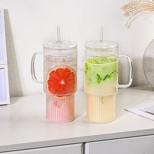 32oz Ribbed Glass Cup with Handle Lid and Straw，Borosilicate Glass Tumblers, Iced Coffee Cups Modern Glass Mug Hot/Cold Drinks for Smoothies, Tea, and Juice (clear-1 Pack-glass Lid)