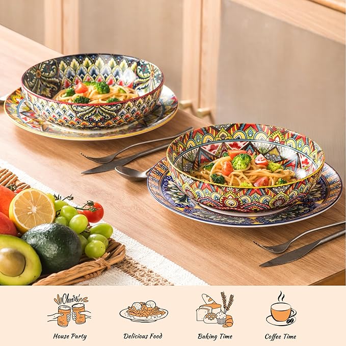 Henten Home Ceramic Pasta Bowls, 50 oz Soup Bowl Set of 2, Colorful Large Salad Bowls, Bohemia Style Serving Bowls Set for Noodles, Microwave & Dishwasher Safe (Set A)