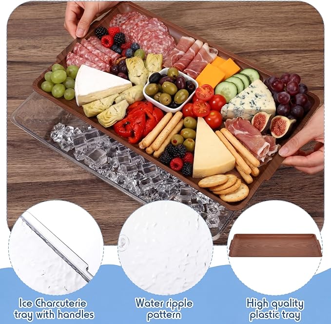 Baderke 1 Set 16" x 9" Plastic Chilled Serving Tray for Parties with Compartments Ice Chilled Party Platter Charcuterie Serving Board Cold Dish Dip for Fruit Seafood Vegetable Appetizer (Dark Wood)