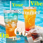 20oz Glass Tumblers with Lids and Straws, Reusable Iced Coffee Cups, Vintage Drinking Glasses, Ribbed Glassware for Whiskey Cocktail Beer, Juice, Style Glasses for Party, Gifts