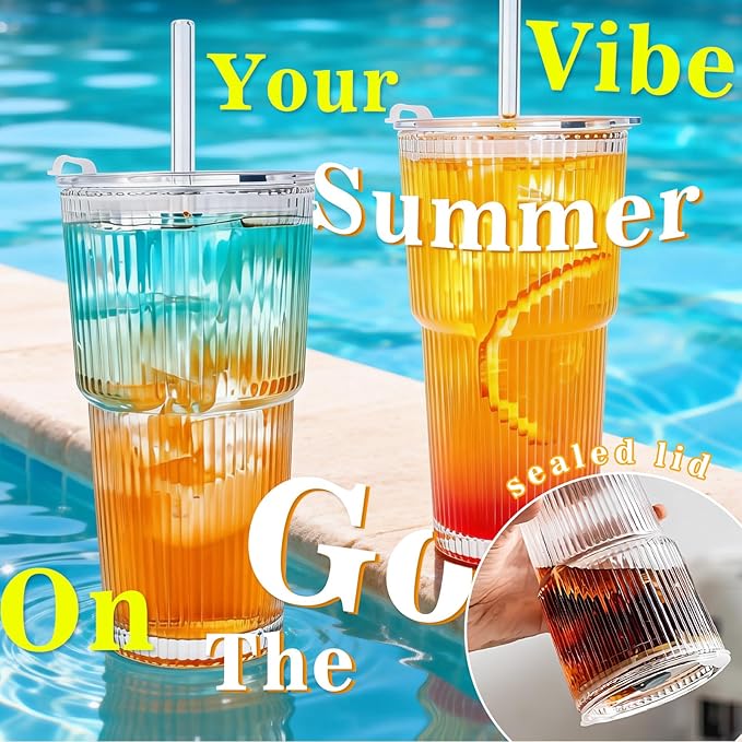 20oz Glass Tumblers with Lids and Straws, Set of 2, Reusable Iced Coffee Cups, Vintage Drinking Glasses, Ribbed Glassware for Whiskey Cocktail Beer, Juice, Style Glasses for Party, Gifts