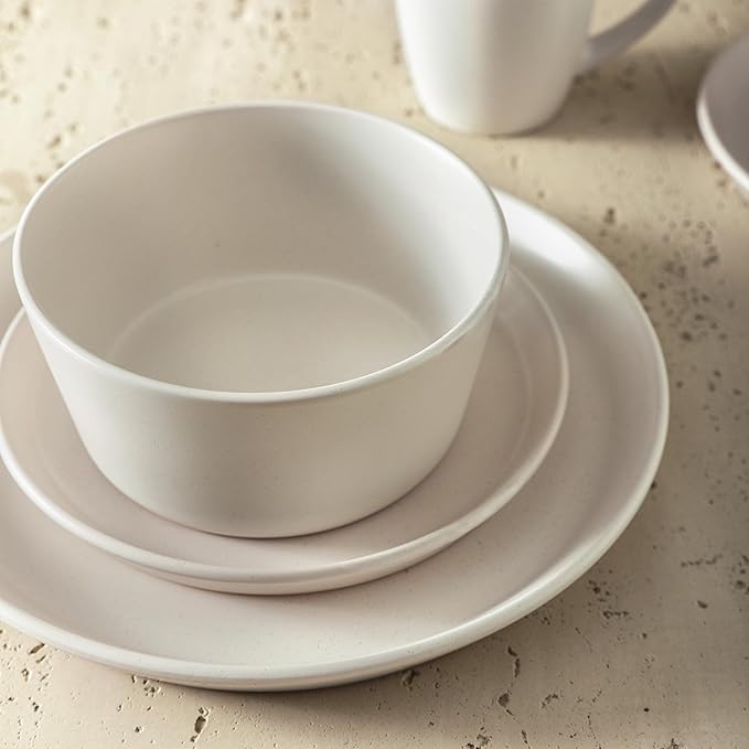 Stone Lain Albie Stoneware 16 Piece Modern Dinnerware Set, Plates and Bowls Sets, Service for 4, White Speckled, Microwave & Dishwasher Safe