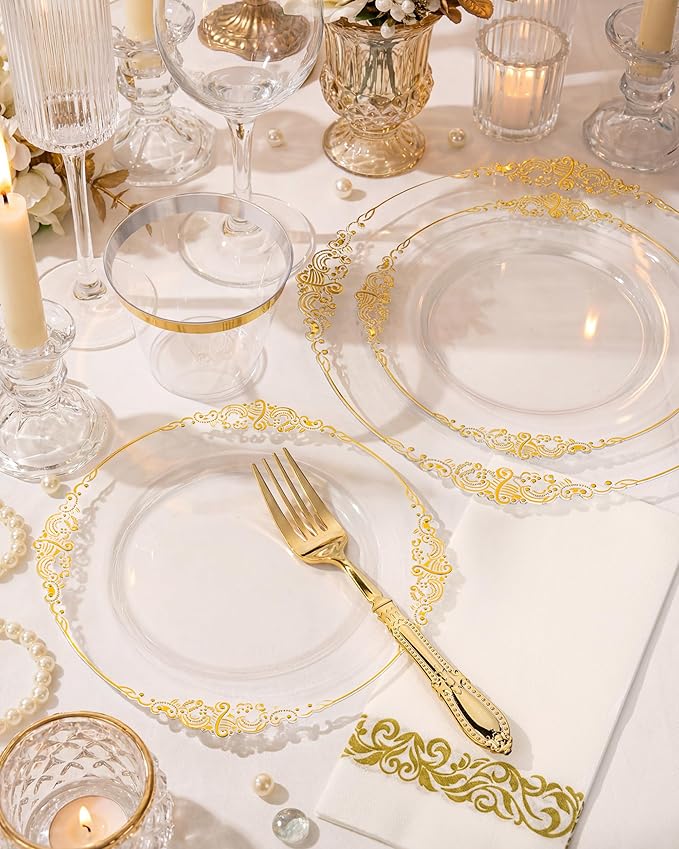 Morejoy 175PCS Clear and Gold Plastic Plates - Clear Plastic Dinnerware Set Include 25Dinner Plates, 25Dessert Plates 75Cutlery, 25Cups, 25Napkin Perfect for Party & Wedding