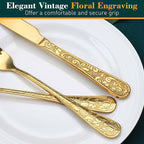 Gold Silverware Set, 30 Pieces Vintage Carved Flatware Set for 6, Stainless Steel Cutlery Set with Knife/Fork/Spoon,Utensil Set for Home and Kitchen, Dishwasher Safe