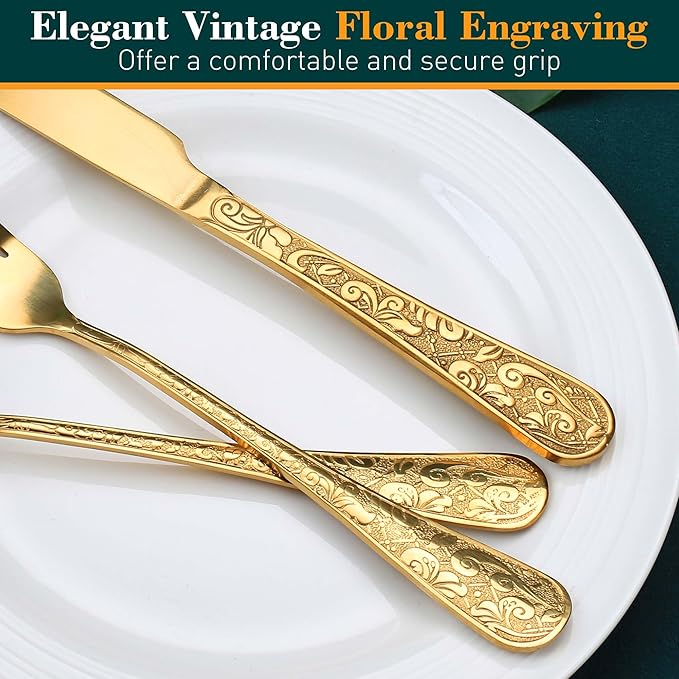 Gold Silverware Set, 30 Pieces Vintage Carved Flatware Set for 6, Stainless Steel Cutlery Set with Knife/Fork/Spoon,Utensil Set for Home and Kitchen, Dishwasher Safe