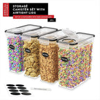 DWËLLZA KITCHEN Cereal Containers Storage 4L Set of 4 Airtight Food Storage Containers with Lids Cereal Dispenser Countertop Pantry Organization Canister for Rice Flour & Sugar 1 Marker 8 Labels