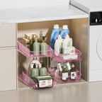 Delamu 2-Tier Under Sink Organizers and Storage, Multi-Purpose Stackable Bathroom Cabinet organizers, Pull Out Kitchen Pantry Organization and Storage with Dividers(2 Pack, Pink)