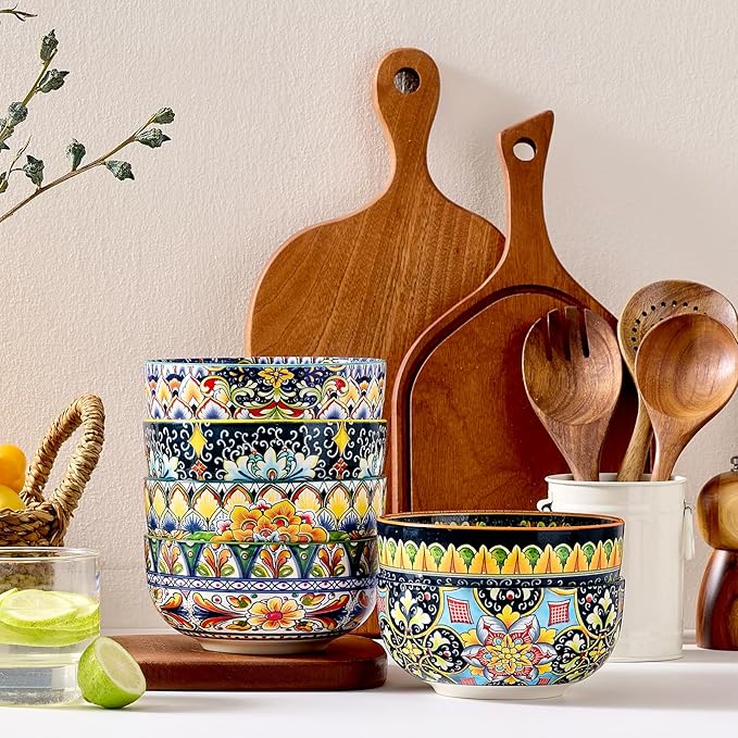 Meolibour Ceramic Cereal Bowls Set of 6, 28 oz Bohemian Soup Bowl, Colorful Bowls Set for Kitchen, Dessert Bowls for Salad, Pasta, Oatmeal, Ramen, Oatmeal, Fruit, Dishwasher & Microwave Safe