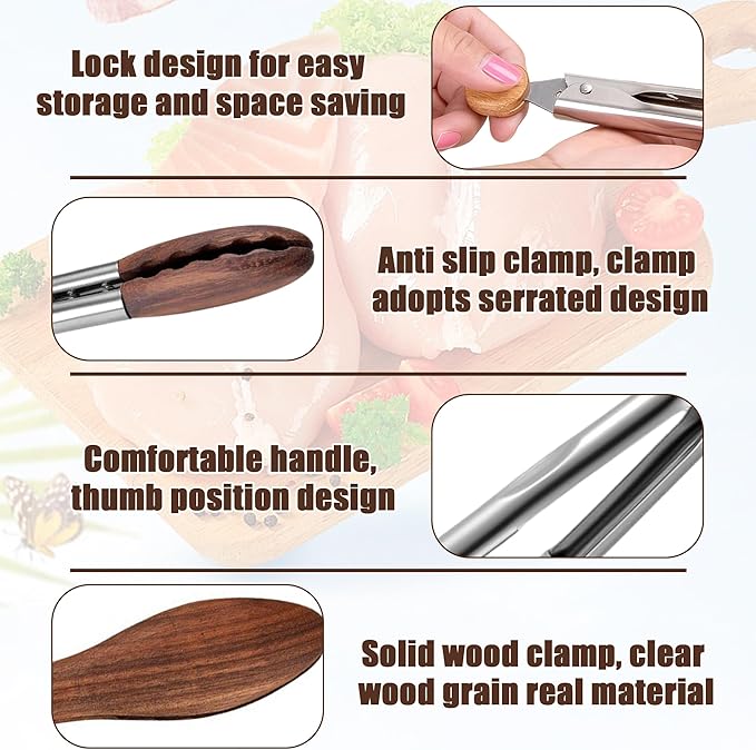 3Pcs Wooden Tongs for Cooking 7" 9" 12" Wooden Salad Tongs Stainless Steel with Hanging Hole and Walnut Wood Tip Wooden Kitchen Tongs, Wooden Tongs for Serving Food BBQ Salad Cooking and Grilling