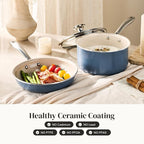 Redchef Sauce Pan Cookware Set, 8" Non-Stick Ceramic Frying Pan & 2.5QT Saucepans with Tempered Glass Lid, Stay-Cool Handle, Non Toxic PTFE & PFOA Free, Oven Safe & Stovetop Suitable, Blue