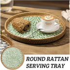 Round Rattan Tray with Mother of Pearl Inlay, Decorative Wicker Serving Tray with Wooden Base, Woven Basket Trays for Bread Fruits Coffee, Leaf
