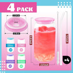 Joyclub 4pcs Glass Cups with Acrylic Lids and Straws 16 oz Can Shaped Glass Iced Coffee Cups with Lids and Straws, Cute Tumbler Cup Drinking Glasses for Smoothie Whiskey Boba Soda Tea Gift