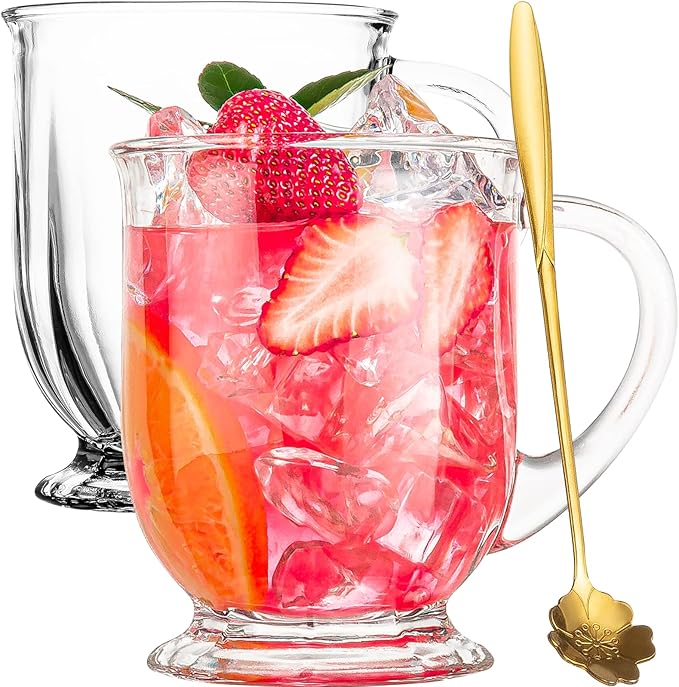 Glass Coffee Mugs Set of 2, 22 oz Large Capacity Glass Mugs with Handles, Clear Coffee Mug with 2 Spoons, Ideal for Latte, Espresso, Juice, Tea