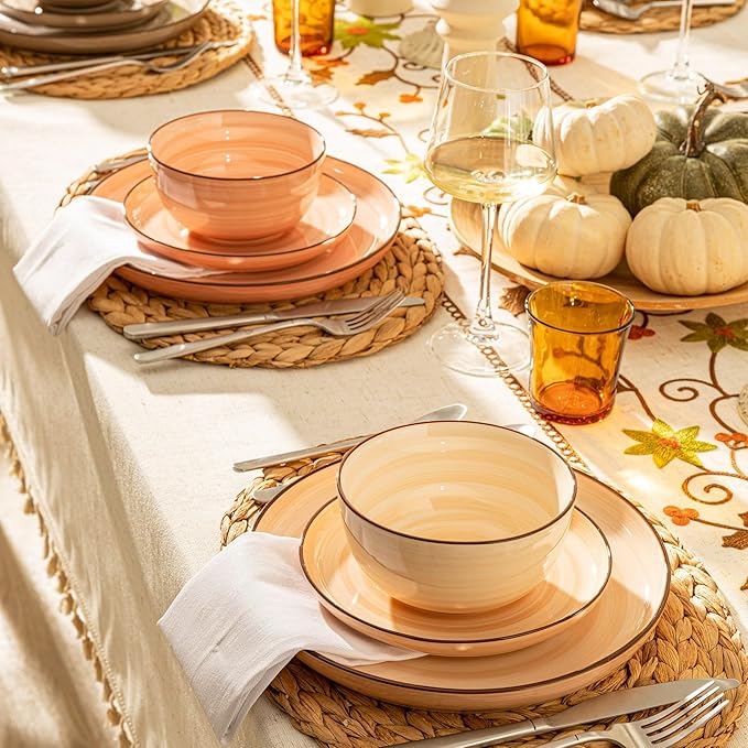 Sweese Plates and Bowls Sets, 18 Piece Dinnerware Set Porcelain Round Dinner Set for 6, Scratch Resistant Dishes Set, Dishwasher and Oven Microwave Safe Handpainted Swirl Dishware Sets, Neutral