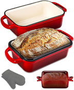 NutriChef 9x5" Enameled Cast Iron Loaf Pan with Lid, Enamel-Coated Baking Loaf Pan for Sourdough, Oven Safe, Nonstick Bread Pan with Silicon Gloves, Dishwasher Safe, Red