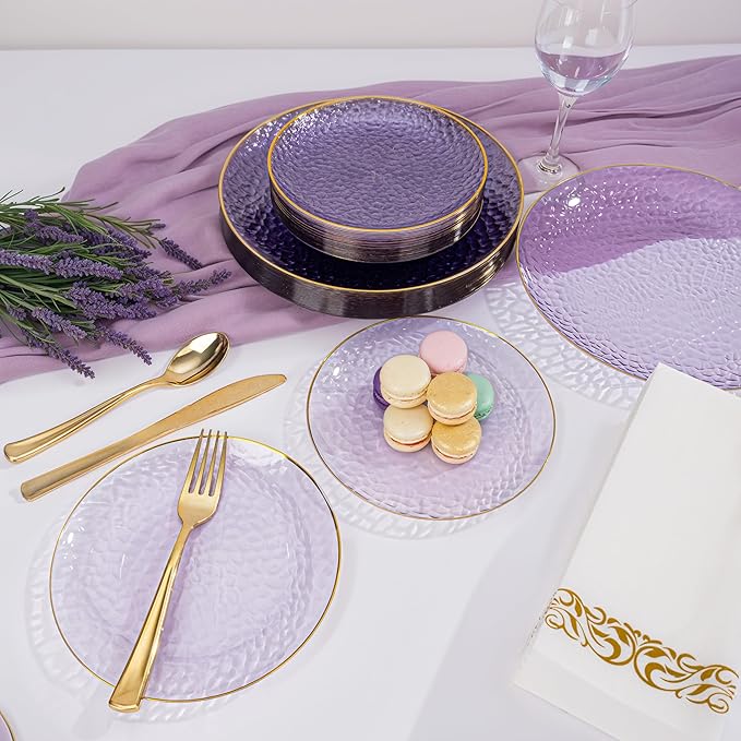 DaYammi 175PCS Clear Purple and Gold Plastic Dinnerware Set for Party, Hammered Disposable Plates for Party, Include: 25 Dinner Plates, 25 Dessert Plates, 75 Gold Silverware, 25 Napkins, 25 Cups