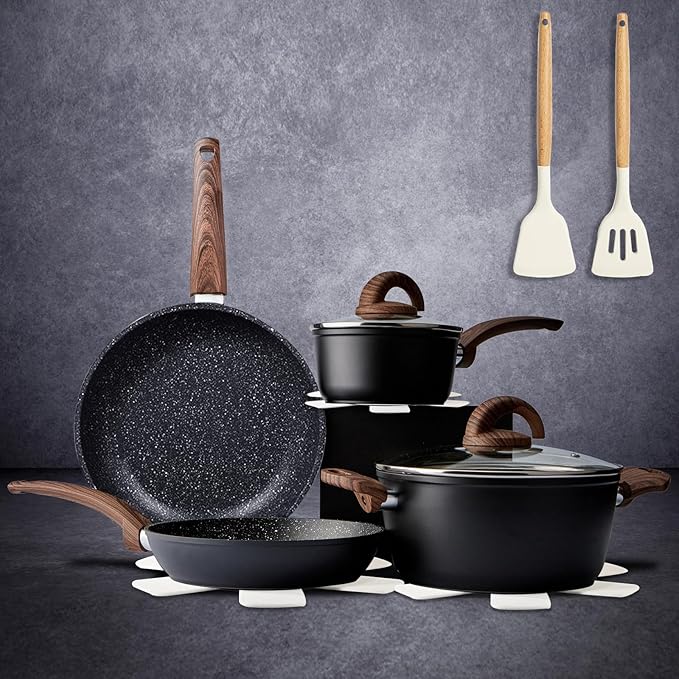 Non Stick Pots and Pans Set, Healthy Ceramic Cookware Set, 12pcs Kitchen Cooking Pots and Frying Sauce Saute Pans Set, PFAS-Free with Kitchen Utensils and Lid, Black