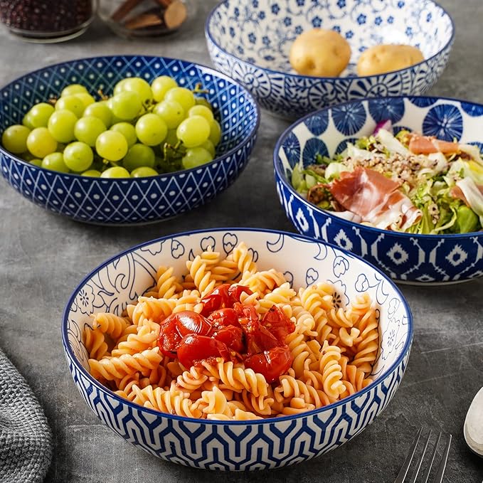 Selamica Ceramic Pasta Bowls Set of 4,Large Salad Bowls, Stackable Serving Bowls, Microwave Dishwasher Safe, 8.6 inch，50 OZ,Vintage Blue