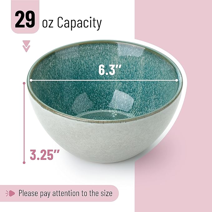 Brew To A Tea BTaT- Ceramic Cereal Bowls, 29 oz, 6 Pack, 6.3 Inches, Glazed Colors Inside, Chip-Resistant Dishwasher & Microwave Safe Bowls for Cereal, Soup, Salads, Snacks, Side Dishes